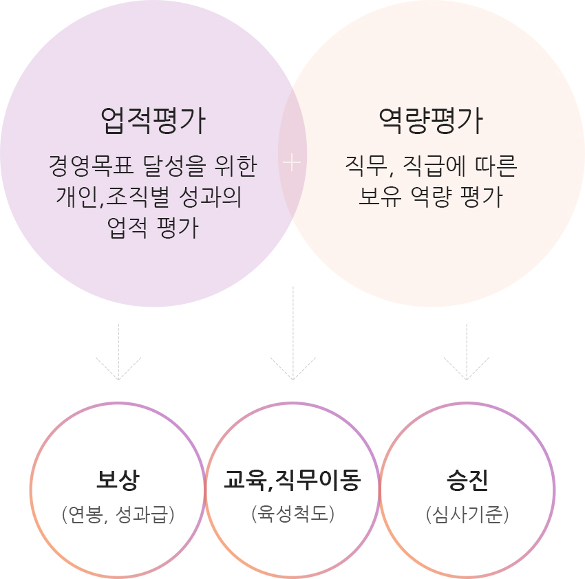 티머니의 인사제도 업적평가는 경영목표 달성을 위한 개인, 조직별 성과의 업적평가이고, 역량평가는 직무, 직급에 따른 보유 역량 평가입니다. 이를 통해 보상(연봉, 성과급), 교육, 직무이동(육성척도), 승진(심사기준)이 이루어집니다.