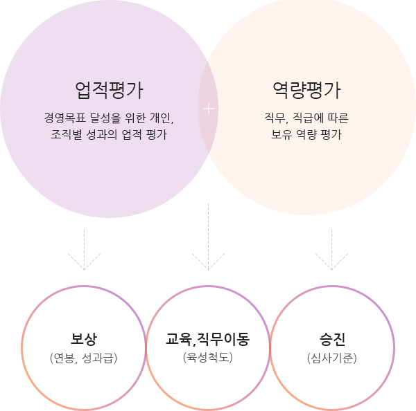 티머니의 인사제도 업적평가는 경영목표 달성을 위한 개인, 조직별 성과의 업적평가이고, 역량평가는 직무, 직급에 따른 보유 역량 평가입니다. 이를 통해 보상(연봉, 성과급), 교육, 직무이동(육성척도), 승진(심사기준)이 이루어집니다.